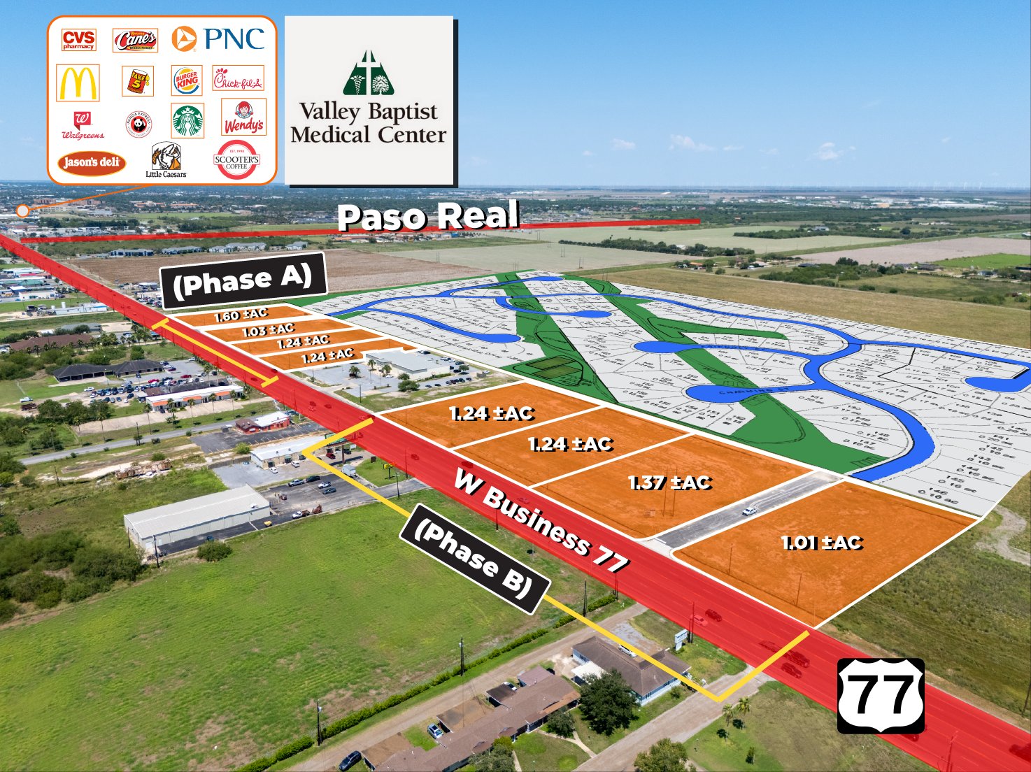 San Sebastian commercial corridor showing 8 commercial pad sites and 179 residential lots