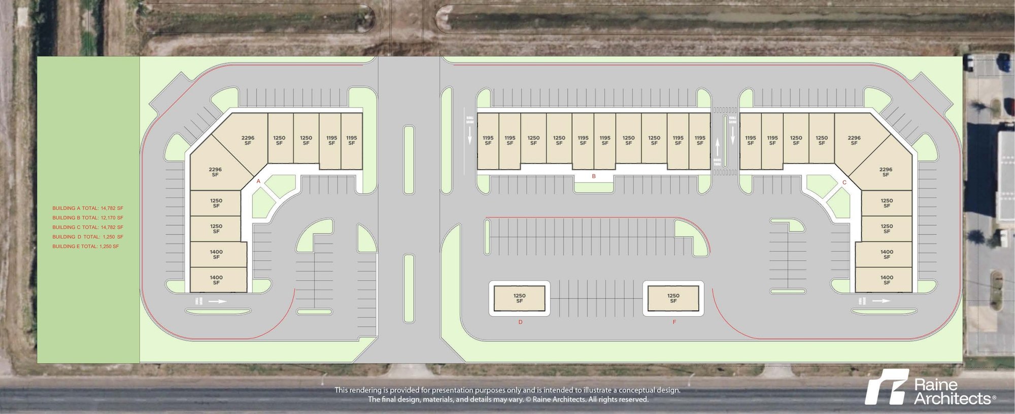 Conceptual commercial site plan showing buildings A through F